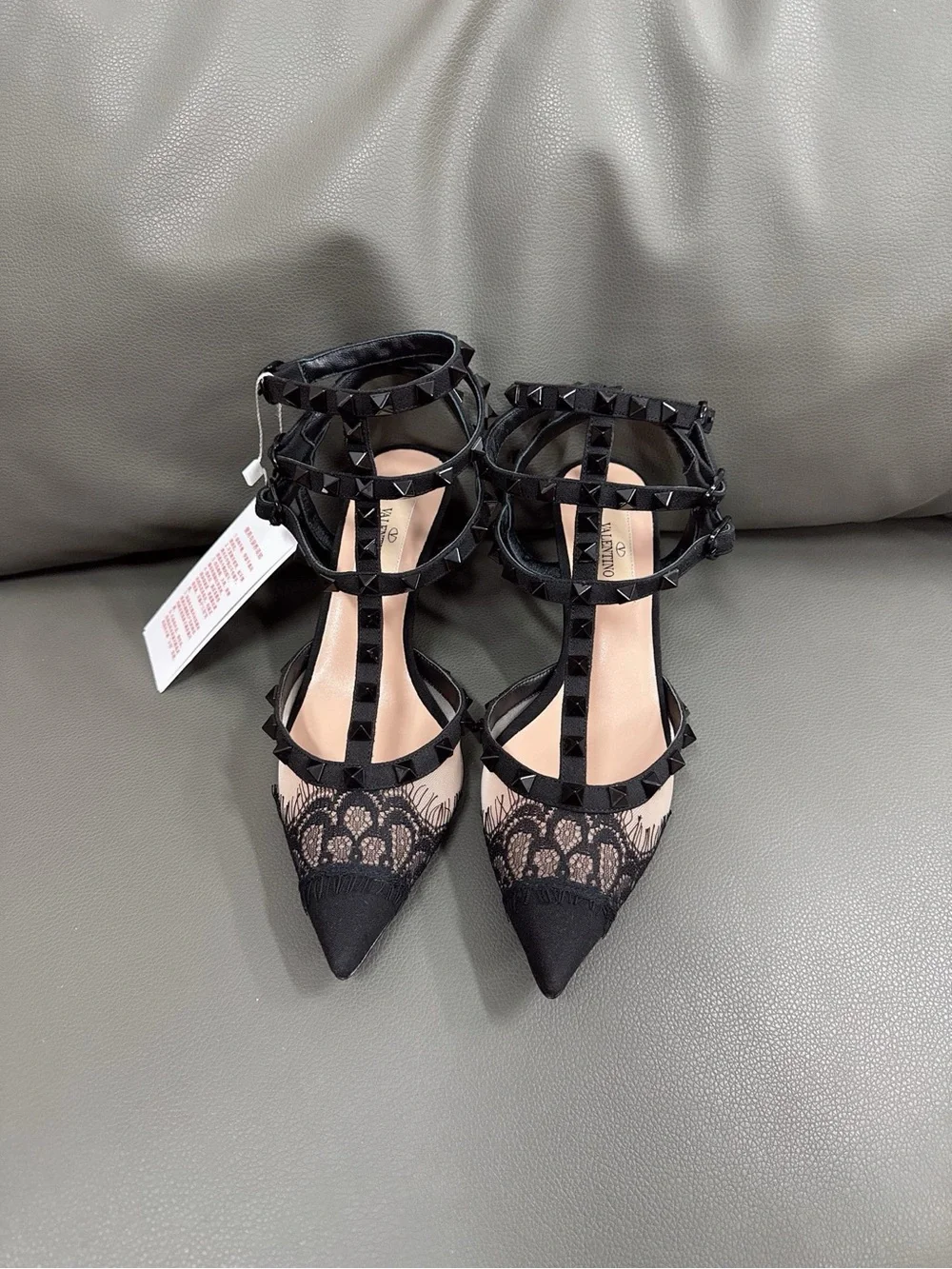Valentino Black Lace T-Strap Rockstud Pointed Heels